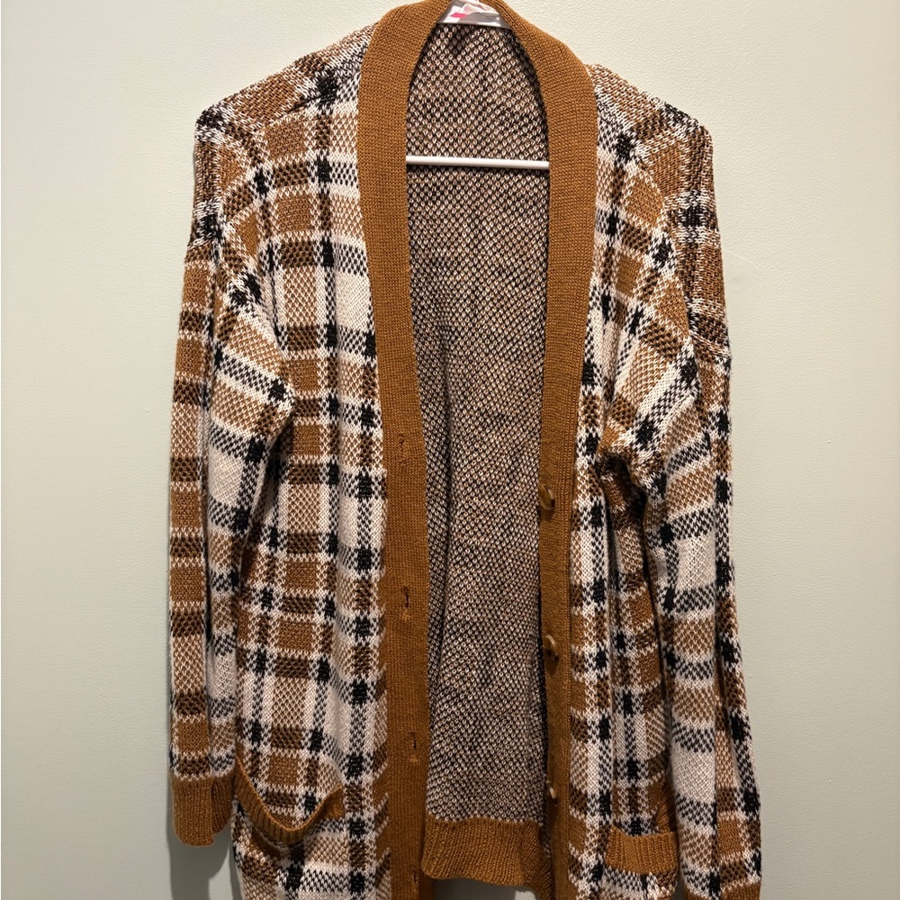 Plaid Cardigan Sweater - Brown and White